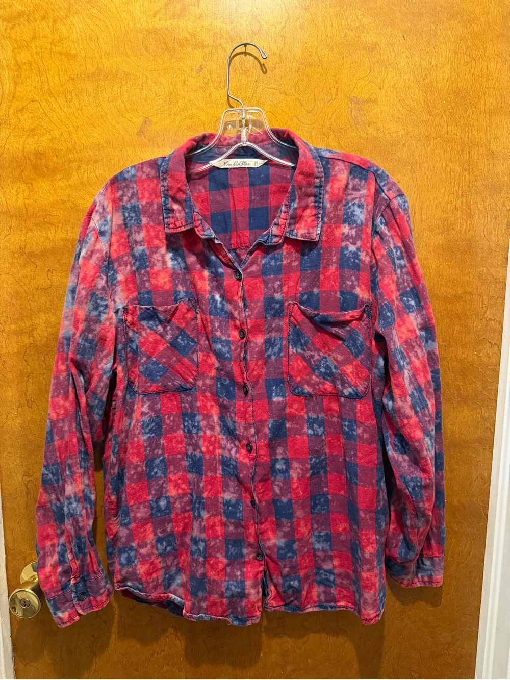 Vanilla star blue & red plaid checkered tie dye button up long sleeve top XL